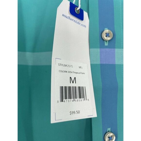 Southern Tide Trim Fit Medium Blue Green Stripe Long Sleeve Mens Button Shirt - Picture 6 of 7